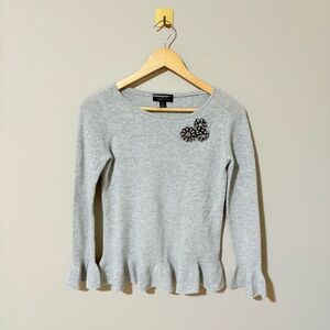 Small Petite Charter Club Gray Cashmere Embellished Floral Long Sleeve Top